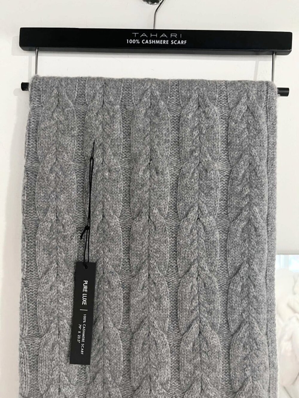 Tahari Pure Luxe gray, cable knit, 2-ply, 100% cashmere scarf